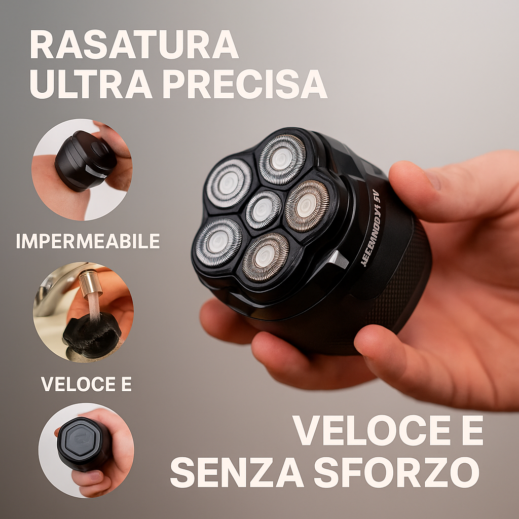 (30% di sconto) Tagliacapelli FK-8750 senza fili 6D per testa calva – Rasoio rotante da uomo impermeabile con lama magnetica ricaricabile e display LCD.