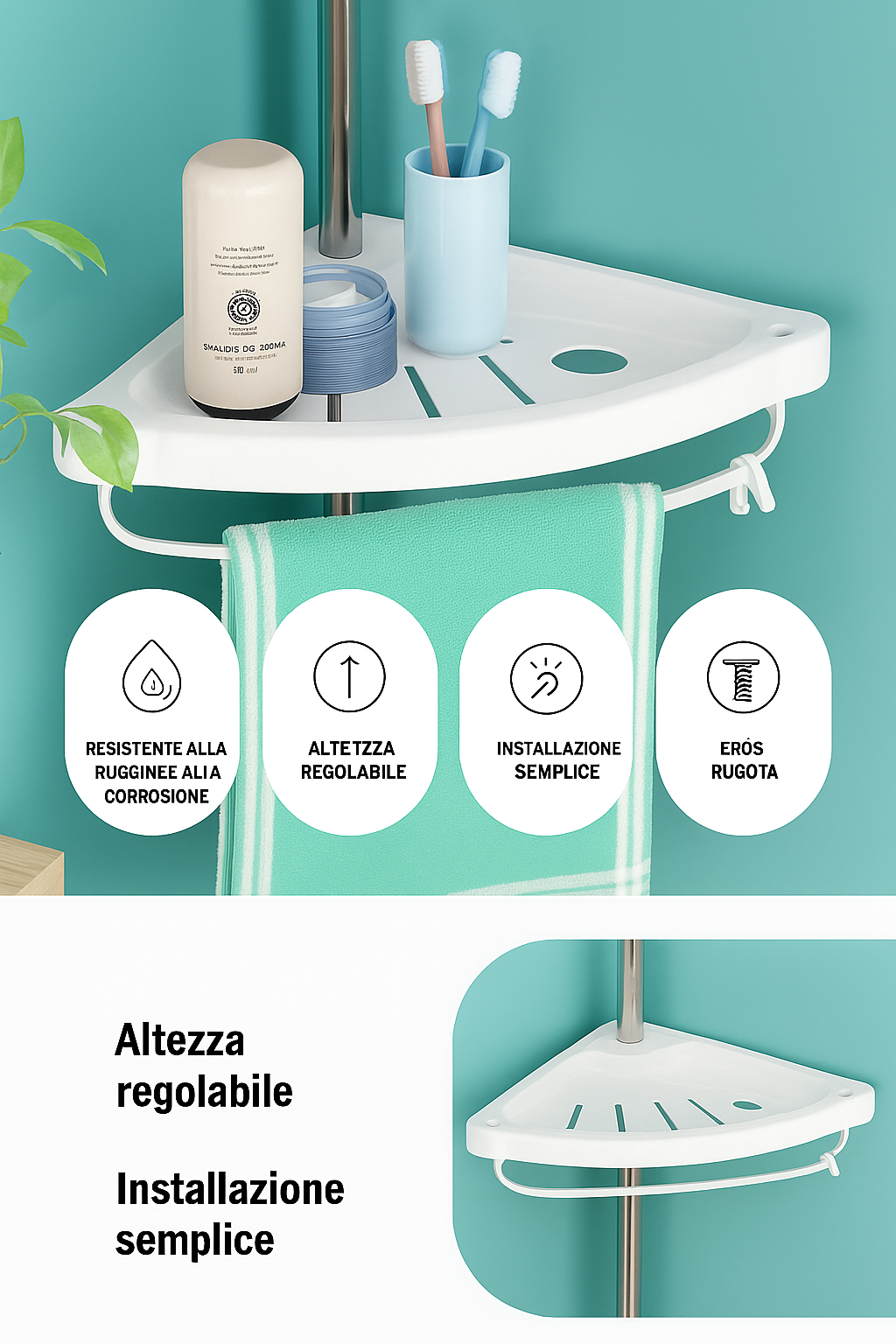 (30% di sconto)Mensola angolare da bagno in acciaio inox – Bianca | 1 pezzo | 4 ripiani telescopici regolabili