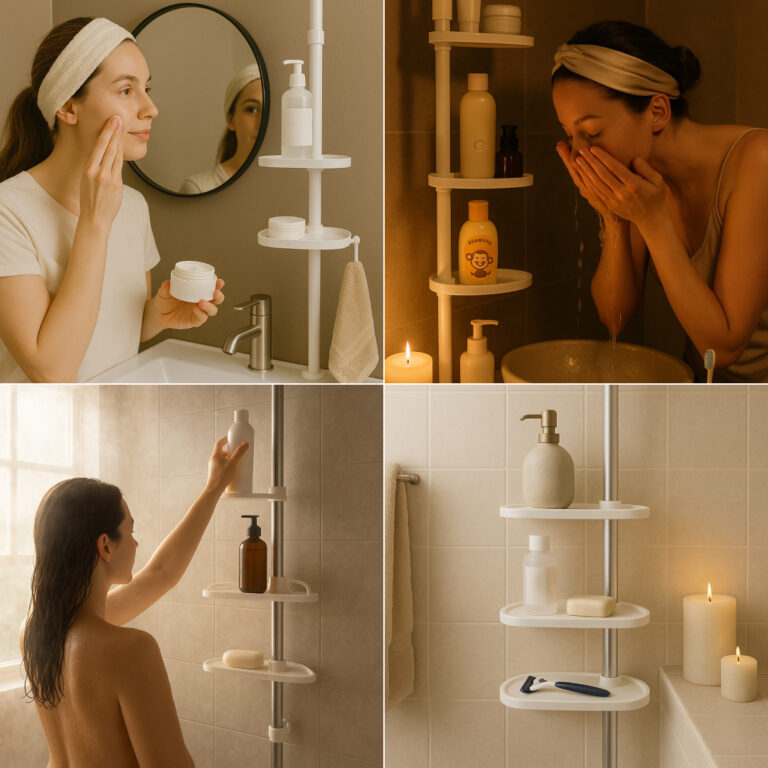 (30% di sconto)Mensola angolare da bagno in acciaio inox – Bianca | 1 pezzo | 4 ripiani telescopici regolabili